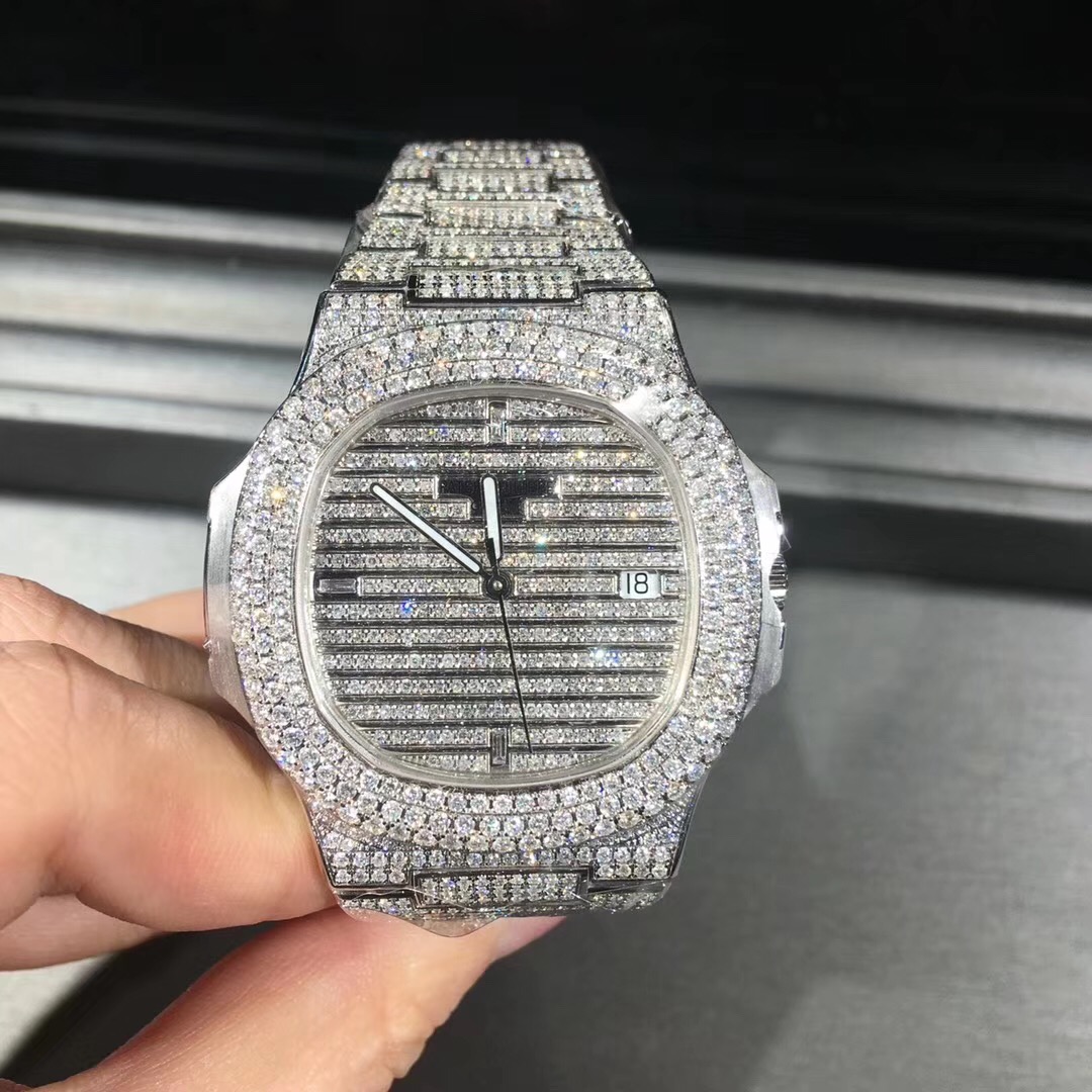 Patek Philippe Nautilus 18k White Gold Full Diamond Paved Gold Strap Mens Watch 5719/1G-001
