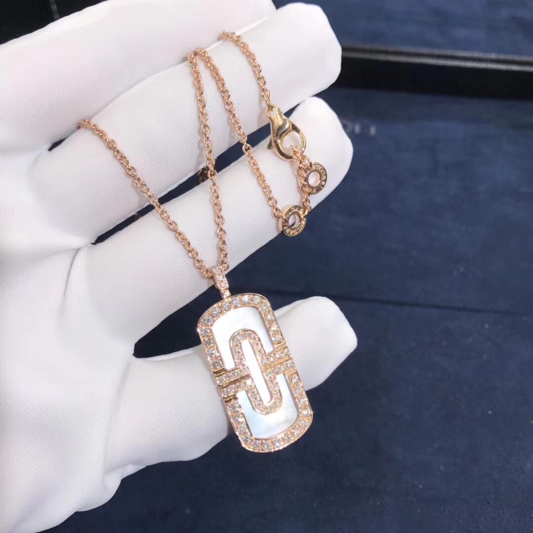 Bvlgari Parentesi Necklace 18K Rose Gold Paved Diamond Mother of Pearl Pendant 350814 CL857106