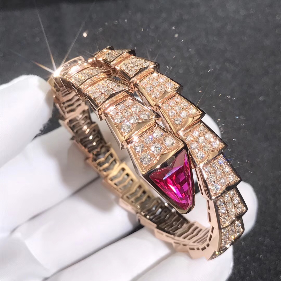 Bvlgari Serpenti Bracelet 18K Rose Gold Red Jasper Full Diamond Large Bangle BR856126