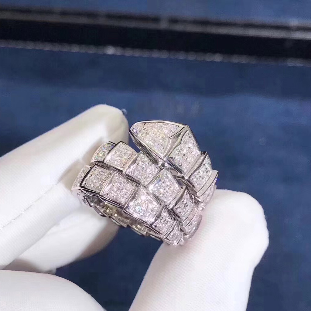 Bvlgari Serpenti Ring 18K White Gold Full Diamond Two And a Half Circle AN855117