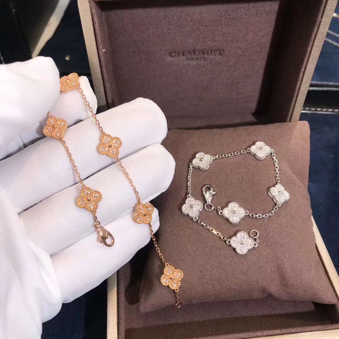 Van Cleef&Arpels Alhambra 6 motifs Bracelet 18K Rose/White Gold Full Diamonds VCARO85700