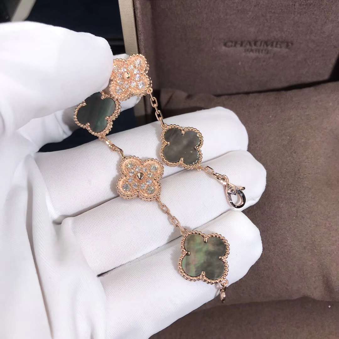 Van Cleef&Arpels Alhambra 5 motifs Bracelet 18K Rose Gold Grey Mother of Pearl Between With Diamonds 