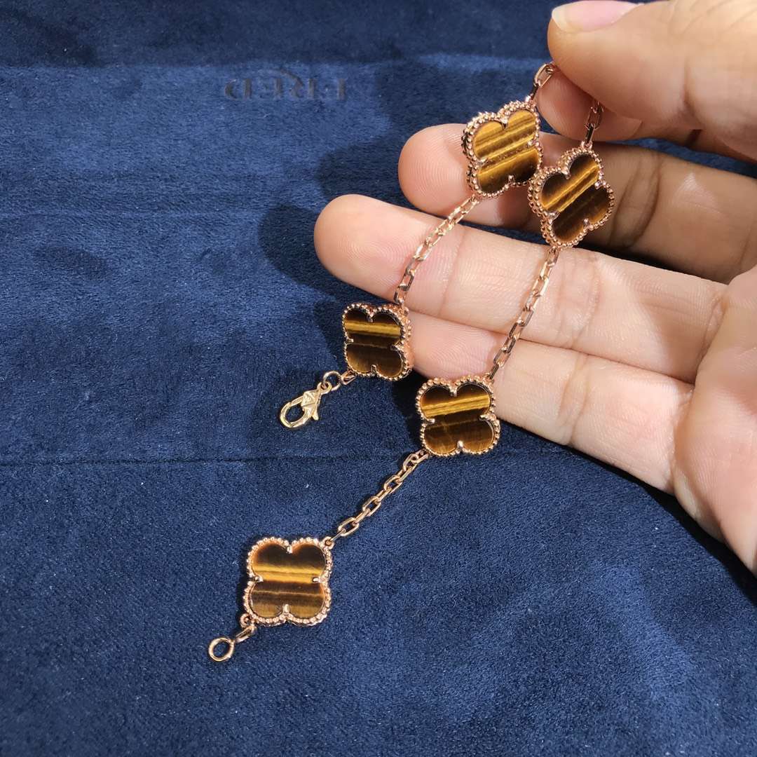 Van Cleef&Arpels Vintage Alhambra 5 motifs Bracelet 18K Yellow Gold Tiger's-eye Stone No Diamonds VCA