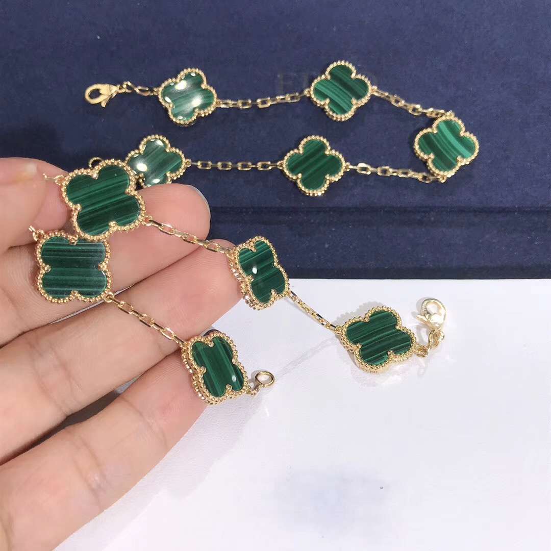 Van Cleef&Arpels Vintage Alhambra 5 motifs Bracelet 18K Yellow Gold Malachite Stone No Diamonds VCARL