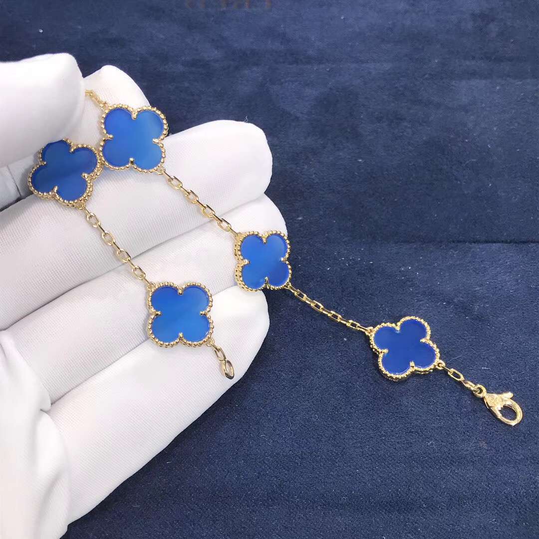  Van Cleef&Arpels Vintage Alhambra 5 motifs Bracelet 18K Yellow Gold Agate Stone No Diamonds VCARP349