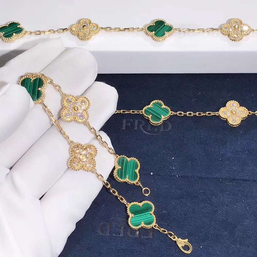 Van Cleef&Arpels Vintage Alhambra 5 motifs Bracelet 18K Yellow Gold Malachite Stone With Diamonds VC