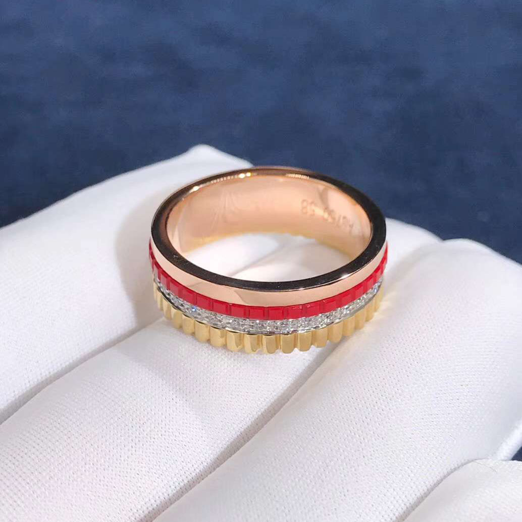 Boucheron Quatre Slim Ring 18K Yellow Rose White Gold With One Round Diamonds Red Ceramic JRG02938
