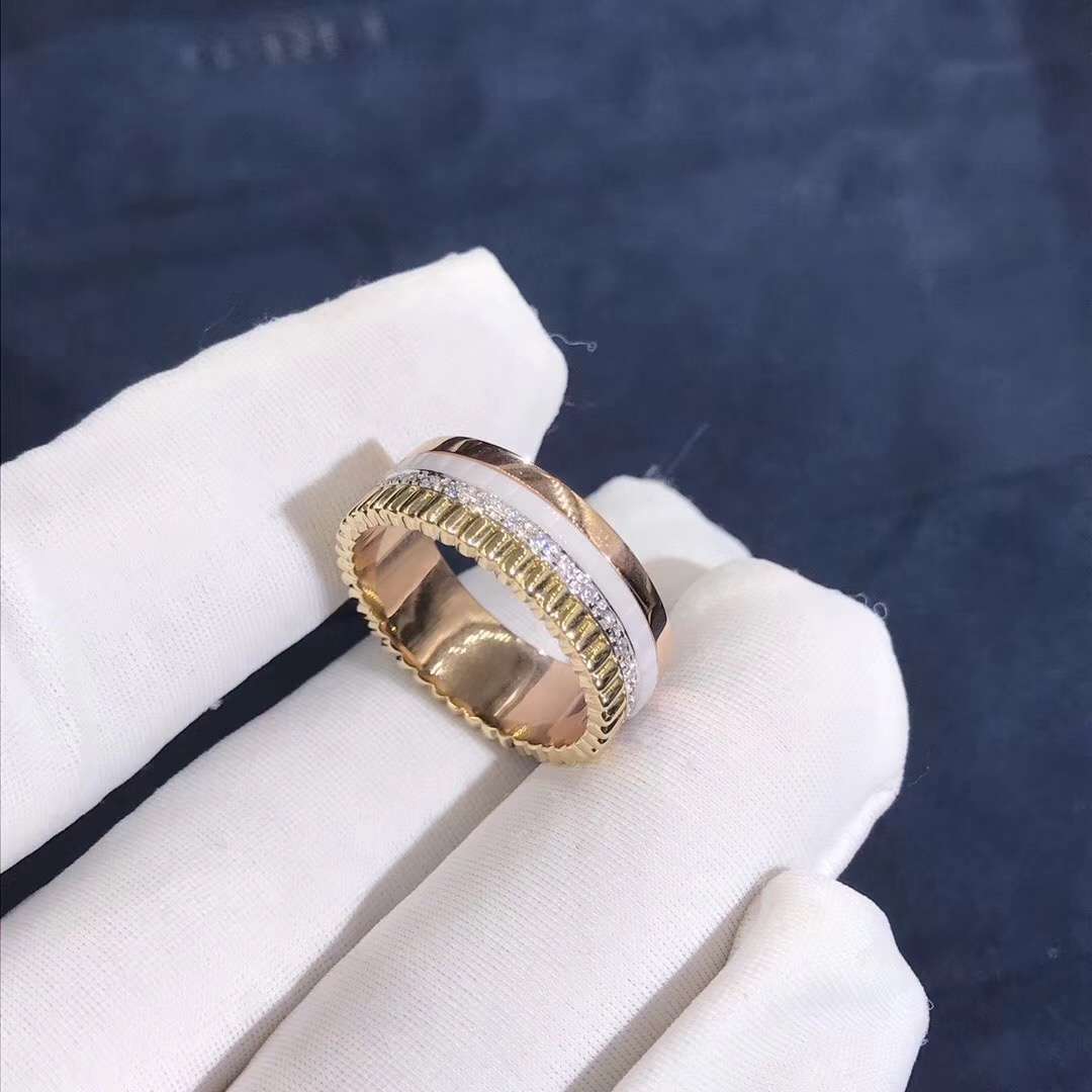 Boucheron Quatre Slim Ring 18K Rose Yellow White Gold With One Round Diamonds White Ceramic JRG01597
