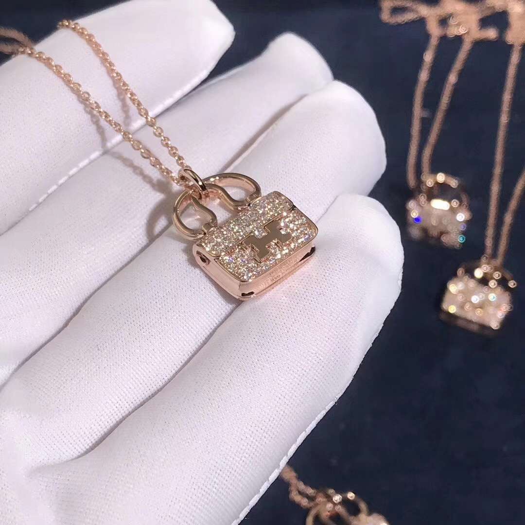 Hermes Hermes Bag 18K Rose Gold Necklace Full Diamonds Pendant H110079B-00