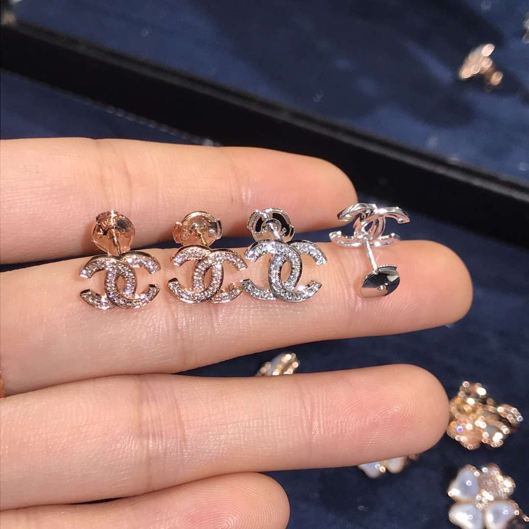 Chanel Double C Earing 18K Rose/White Gold Full Diamond Eardrop Elegant Design