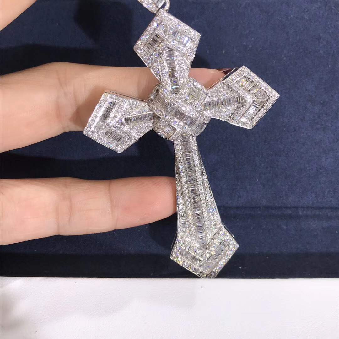 18K White Gold Full Square Diamond Cross Pendant Necklace Large Size