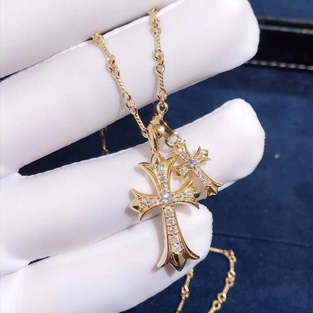 Chrome Heart Cross Series 18K Yellow Gold Full Diamond Crucifix Pendant Necklace