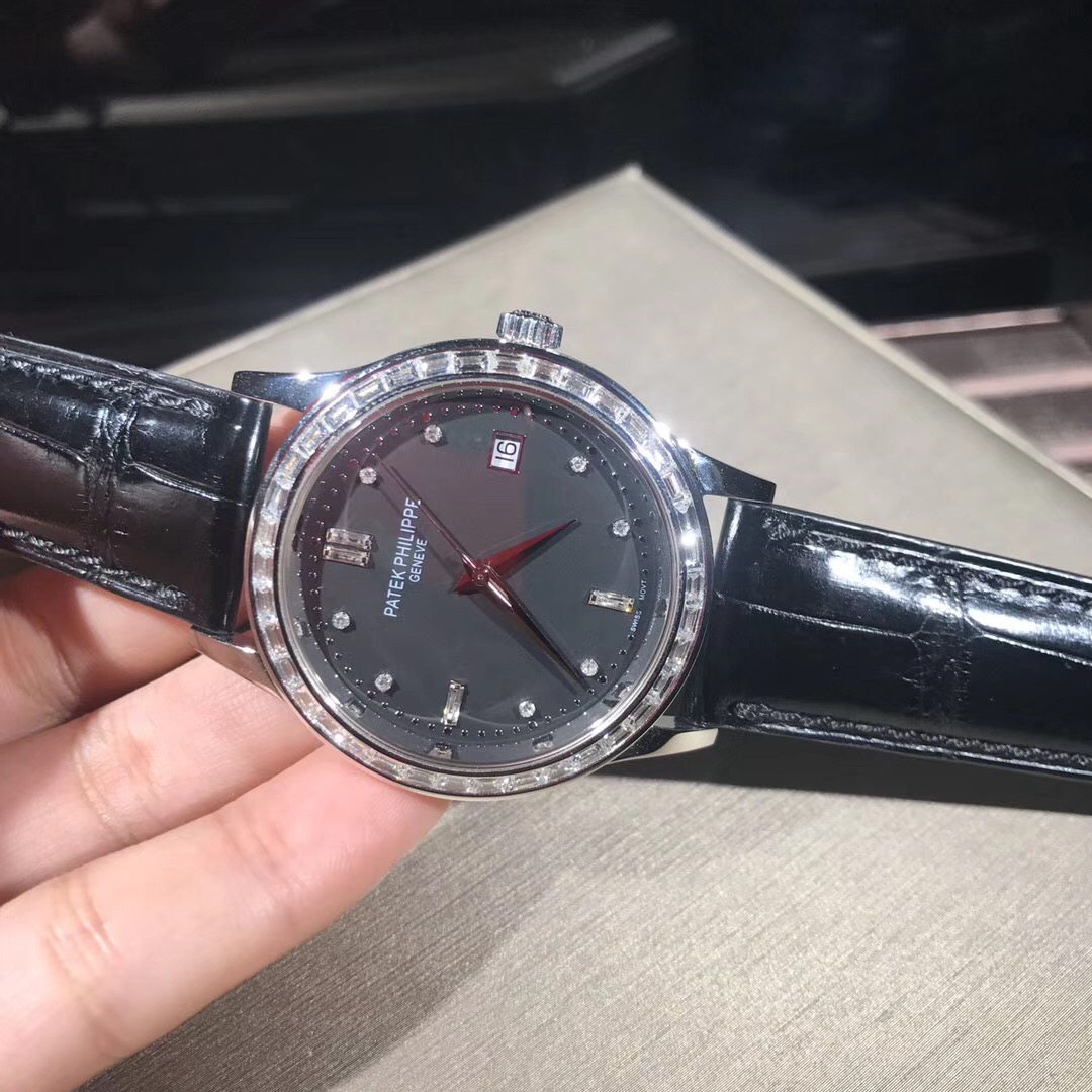 Patek Philippe Calatrava Black Dial 18K White Gold Bezel Square Diamond Watch 5298P-012