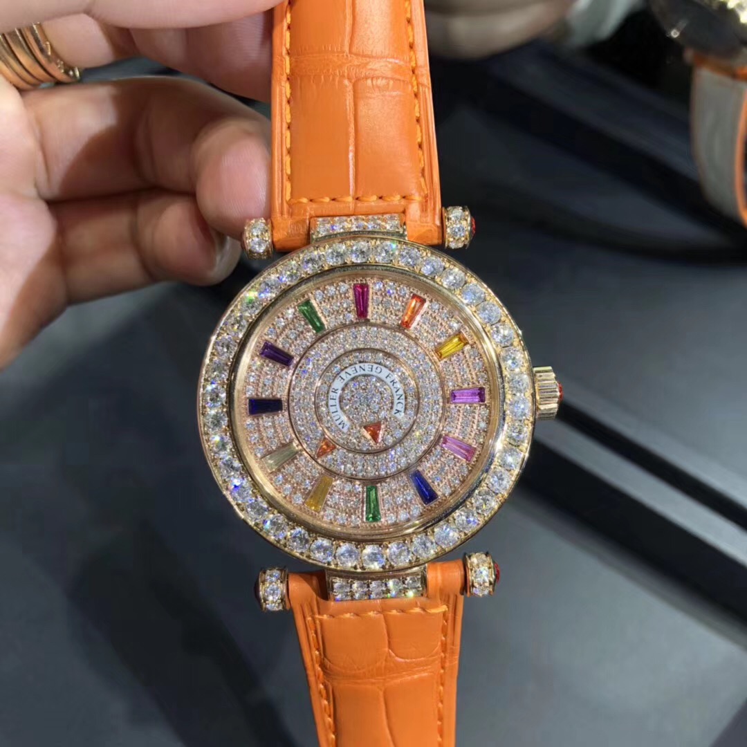 Frank Muller Double Mystery 18k Gold Full Diamond Watch Orange Belt