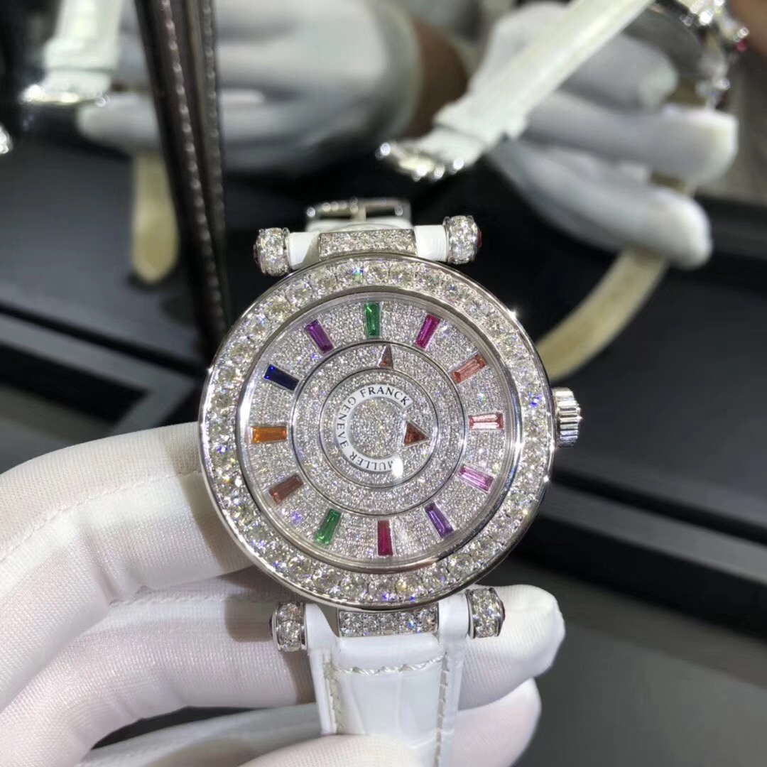 Frank Muller Double Mystery 18k Gold Full Diamond Watch White Belt
