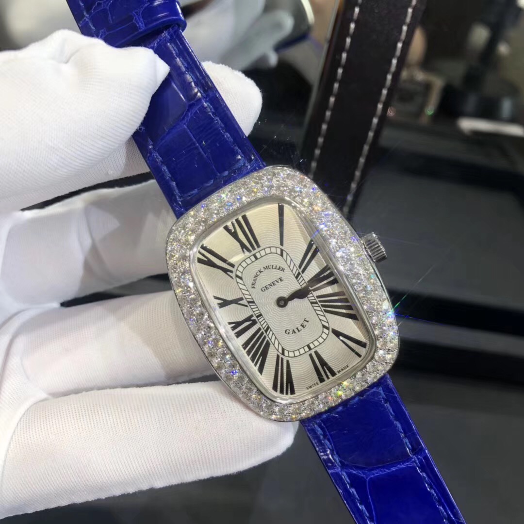 Frank Muller Galet 18k Gold Full Diamond Watch Blue Leather Belt