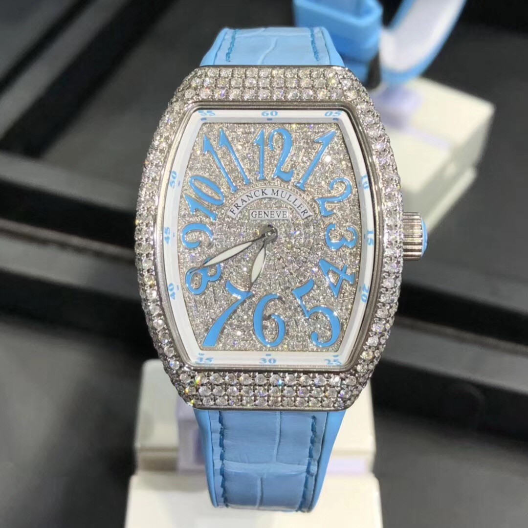 Frank Muller Vanguard Series 18k Gold Full Diamond Watch SkyBlue