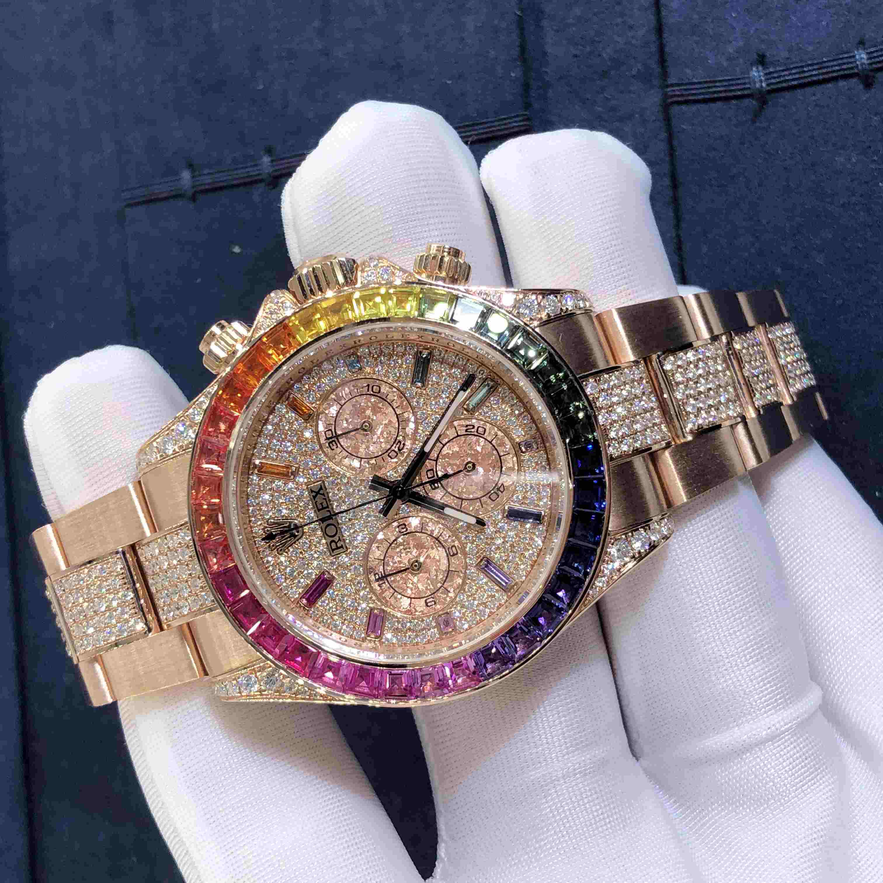 Rolex Daytona Rainbow Series 18k Rose Gold Diamond Watch Custome Made