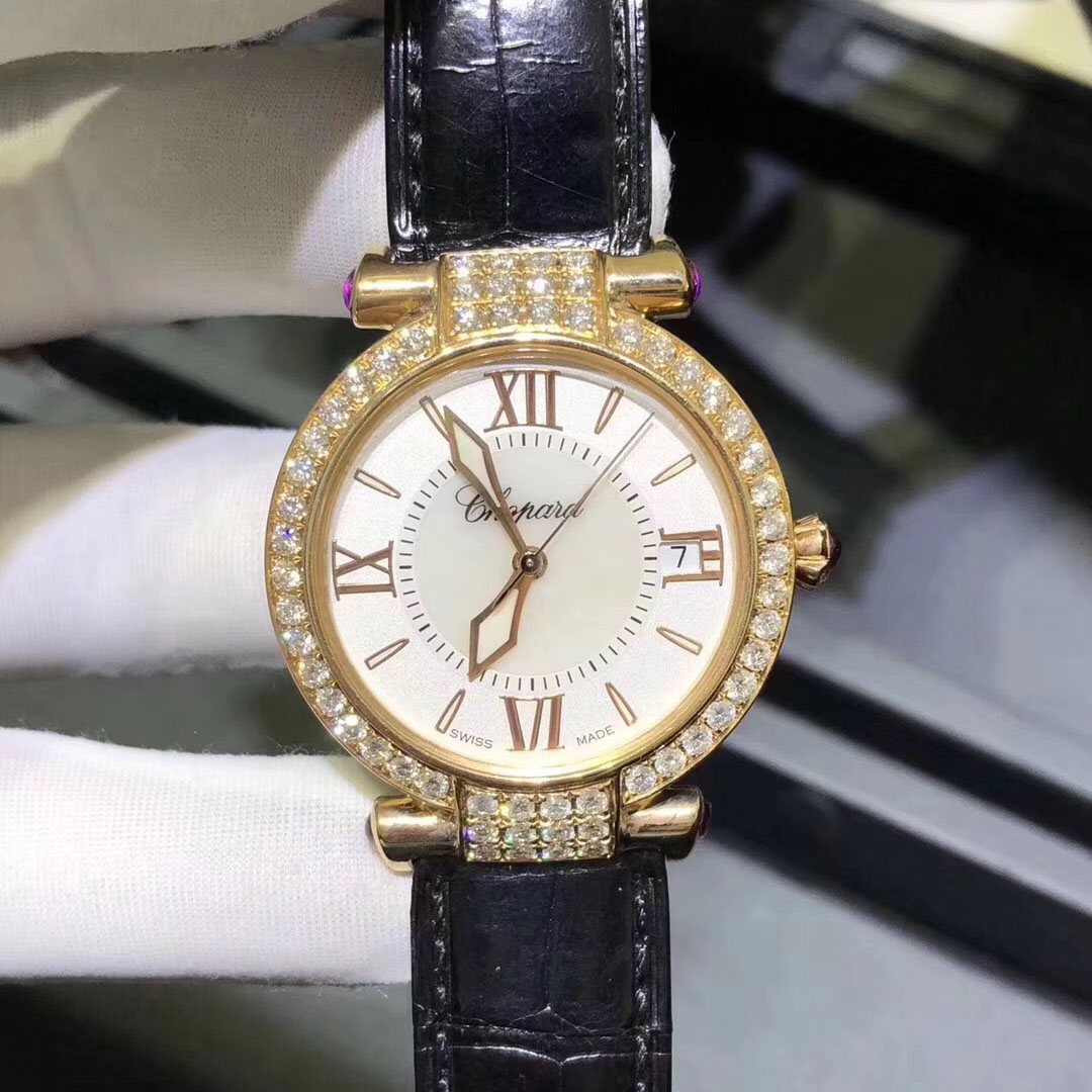 Chopard Imperiale Series 18k Gold Full Diamond Leather Belt Watch Custom Made