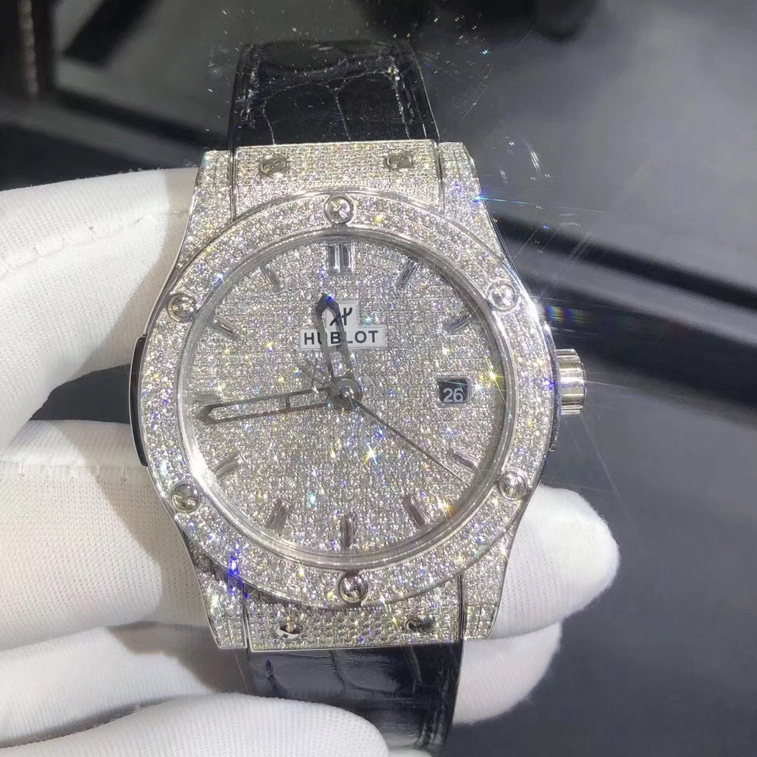Hubolt Classic Fusion Series 18k Rose Gold Full Diamond Leather Watch Custom Made