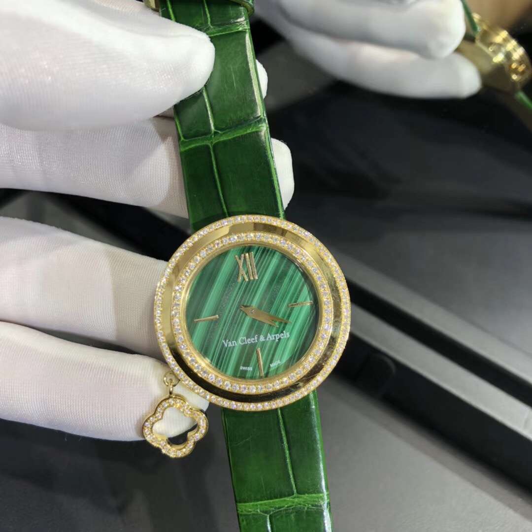Van Cleef&Arpels Charms Series 18k Yellow Gold Diamond Green Belt Watch Custom Made