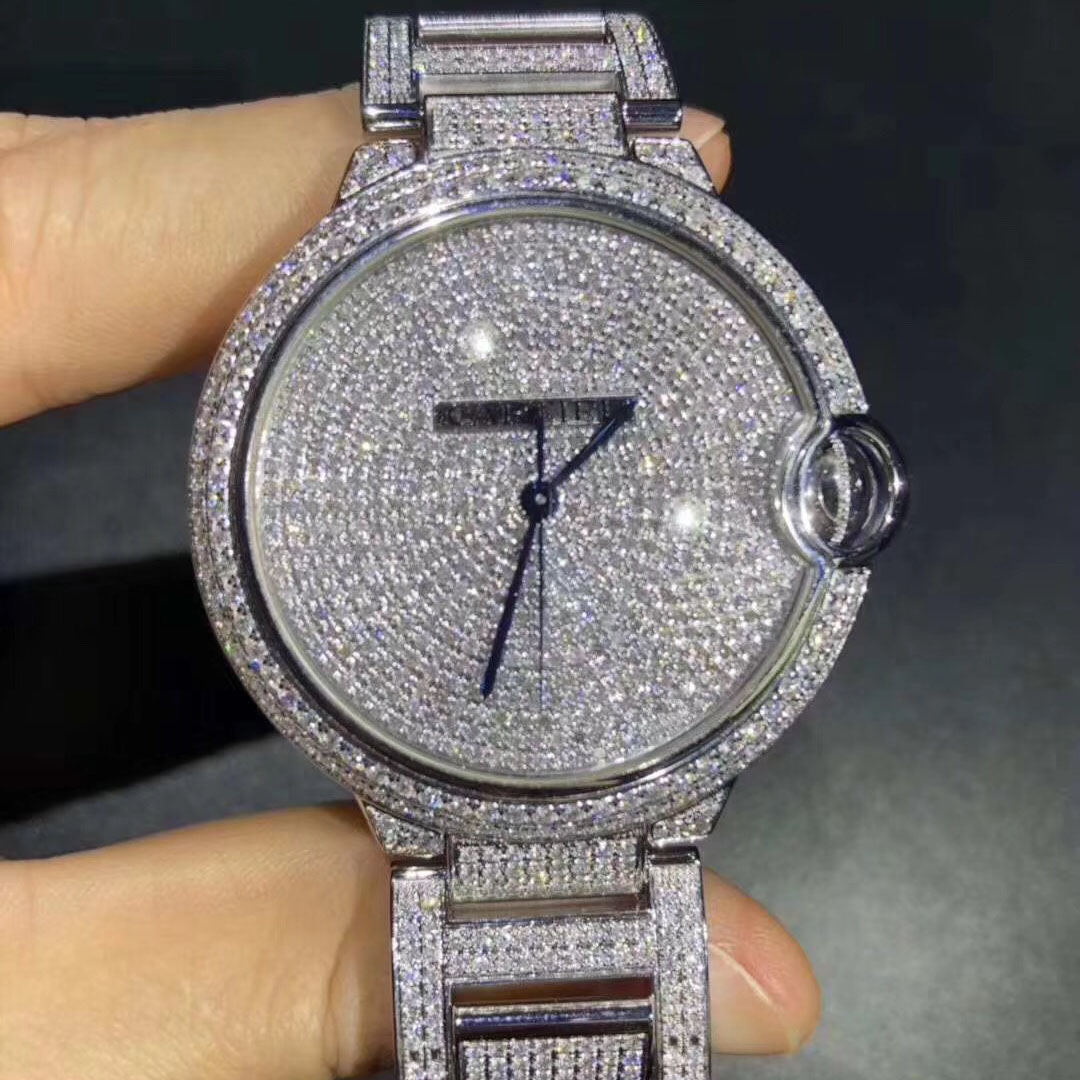  Cartier Ballon Bleu Series 18k Full White Gold Full Diamond Watch High End Custom Made