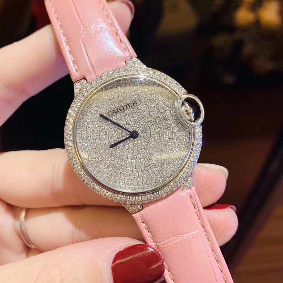 Cartier Ballon Bleu Series 18k White Gold Full Diamond Watch High End Custom Made