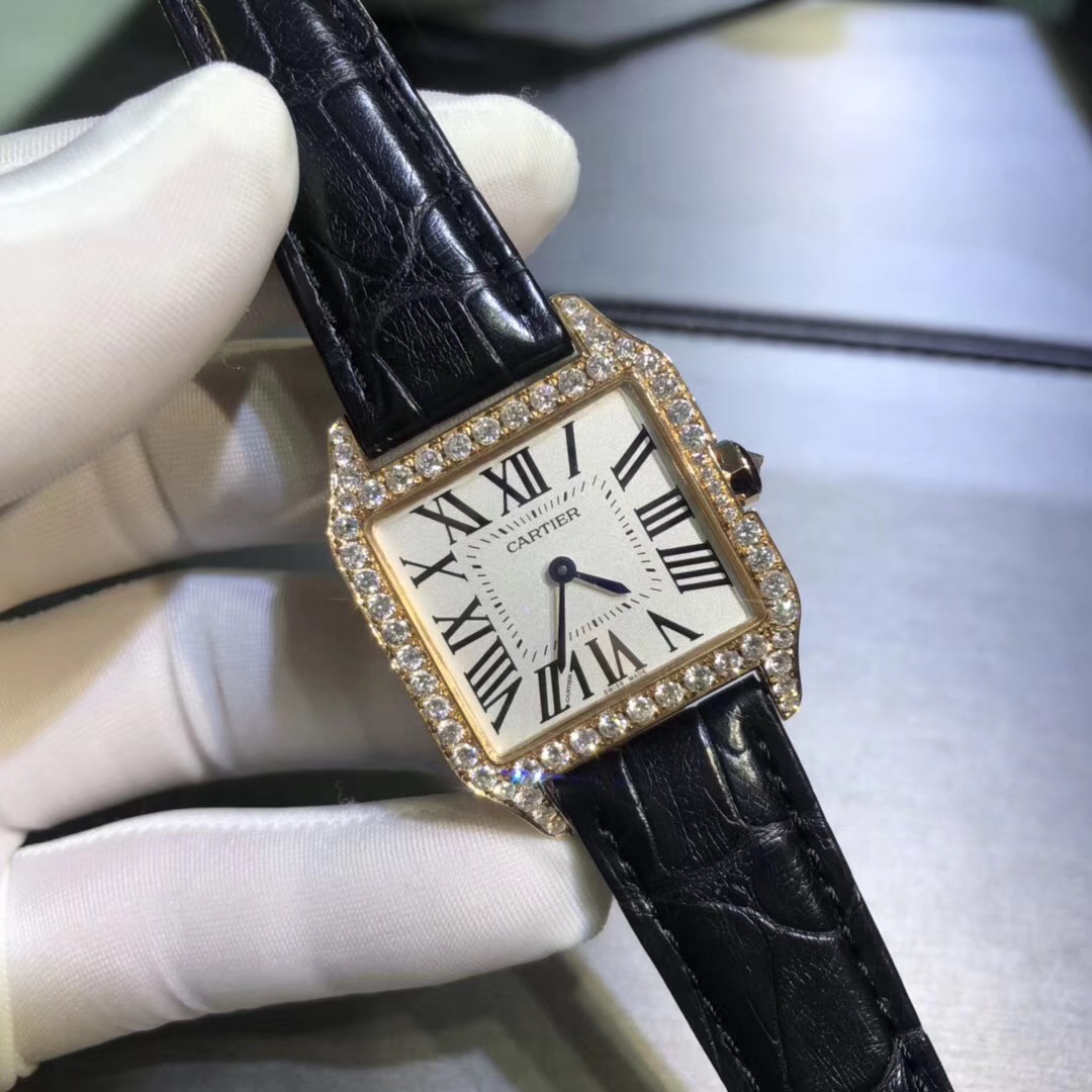 Cartier Santos Series 18k Gold Diamond Watch High End Custom Made